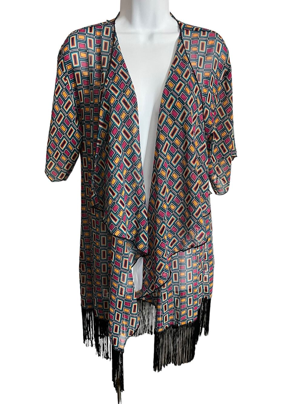 LuLaRoe colorful geometric fringe hem open front drape shawl short sleeve small